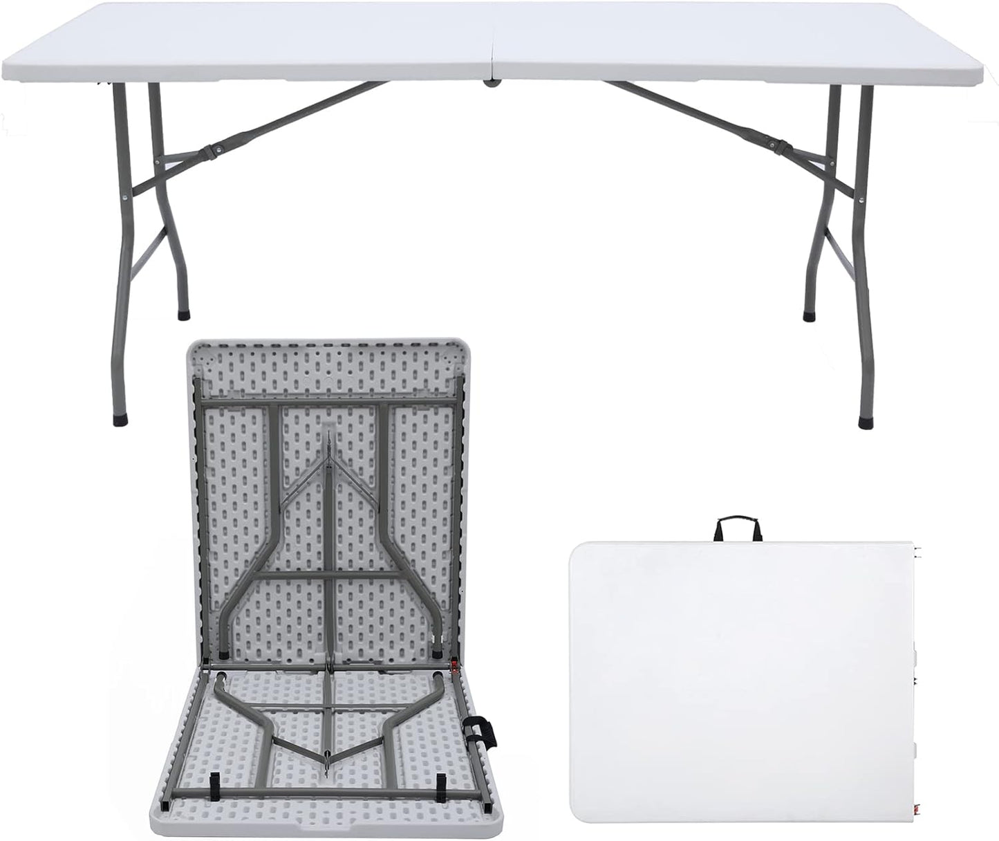 Folding Table 6ft Portable Heavy Duty Plastic Fold-in-Half Utility Foldable Table Plastic Dining Indoor Outdoor for Camping, Picnic and Party, White