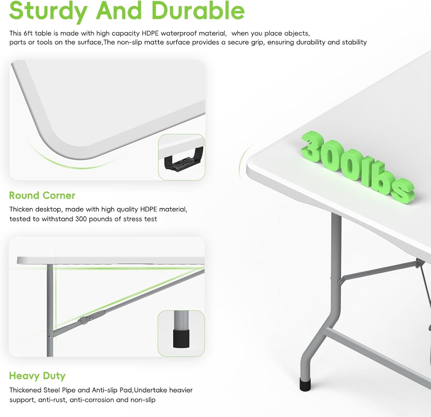 Folding Table 6ft Portable Heavy Duty Plastic Fold-in-Half Utility Foldable Table Plastic Dining Indoor Outdoor for Camping, Picnic and Party, White