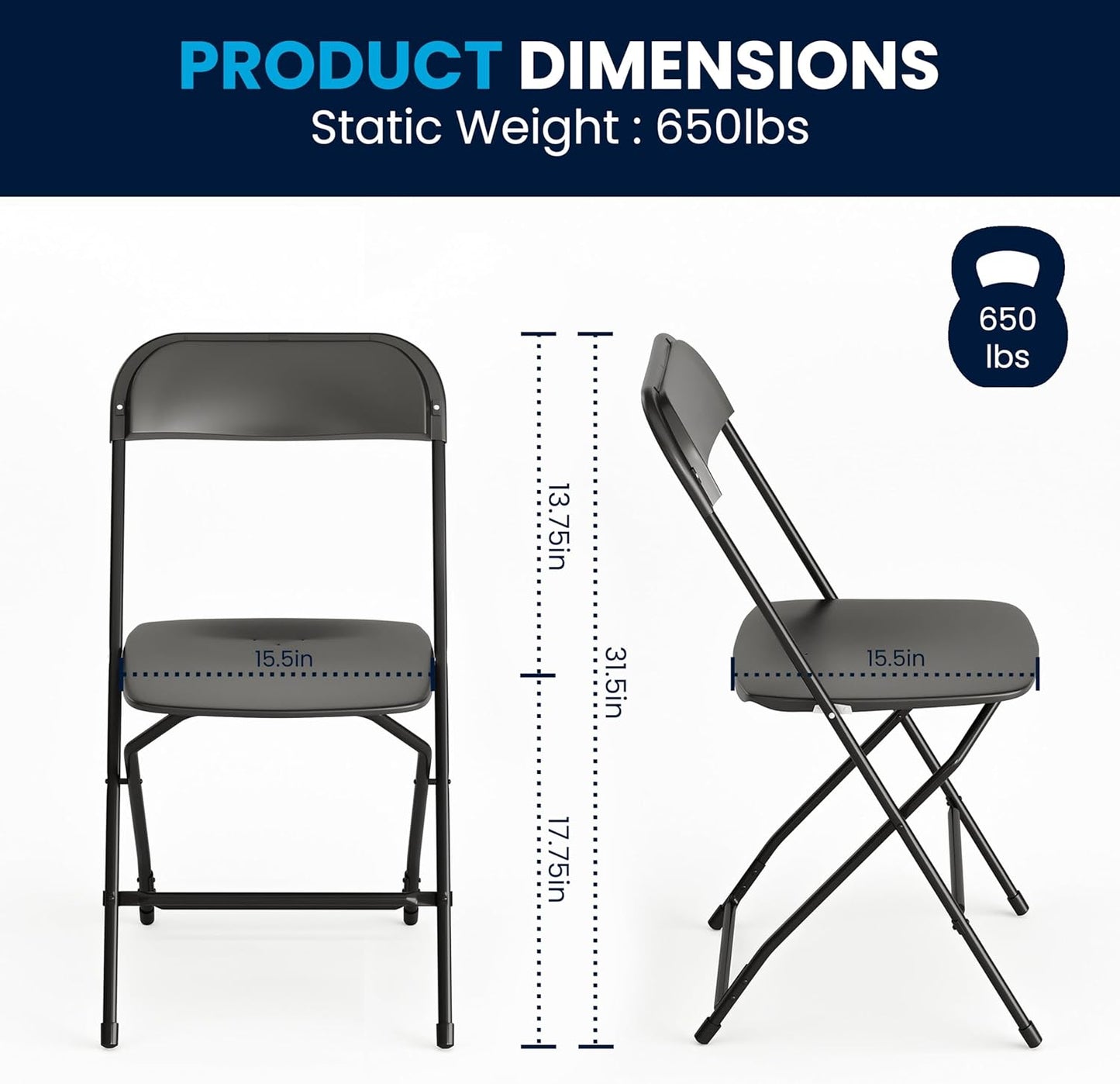 Folding Chairs All Steel Metal Frame, Capacity 51 lbs, Durable Portable and Versatile for Indoor Outdoor Use, Black, Set of 6