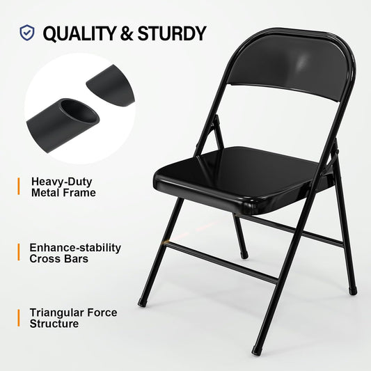 Folding Chairs All Steel Metal Frame, Capacity 51 lbs, Durable Portable and Versatile for Indoor Outdoor Use, Black, Set of 6