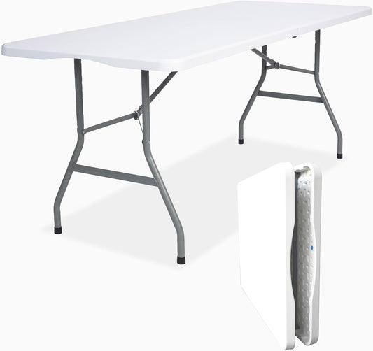Folding Table 6ft Portable Heavy Duty Plastic Fold-in-Half Utility Foldable Table Plastic Dining Indoor Outdoor for Camping, Picnic and Party, White