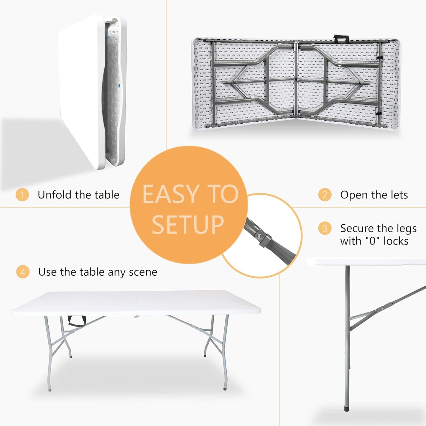 Folding Table 6ft Portable Heavy Duty Plastic Fold-in-Half Utility Foldable Table Plastic Dining Indoor Outdoor for Camping, Picnic and Party, White