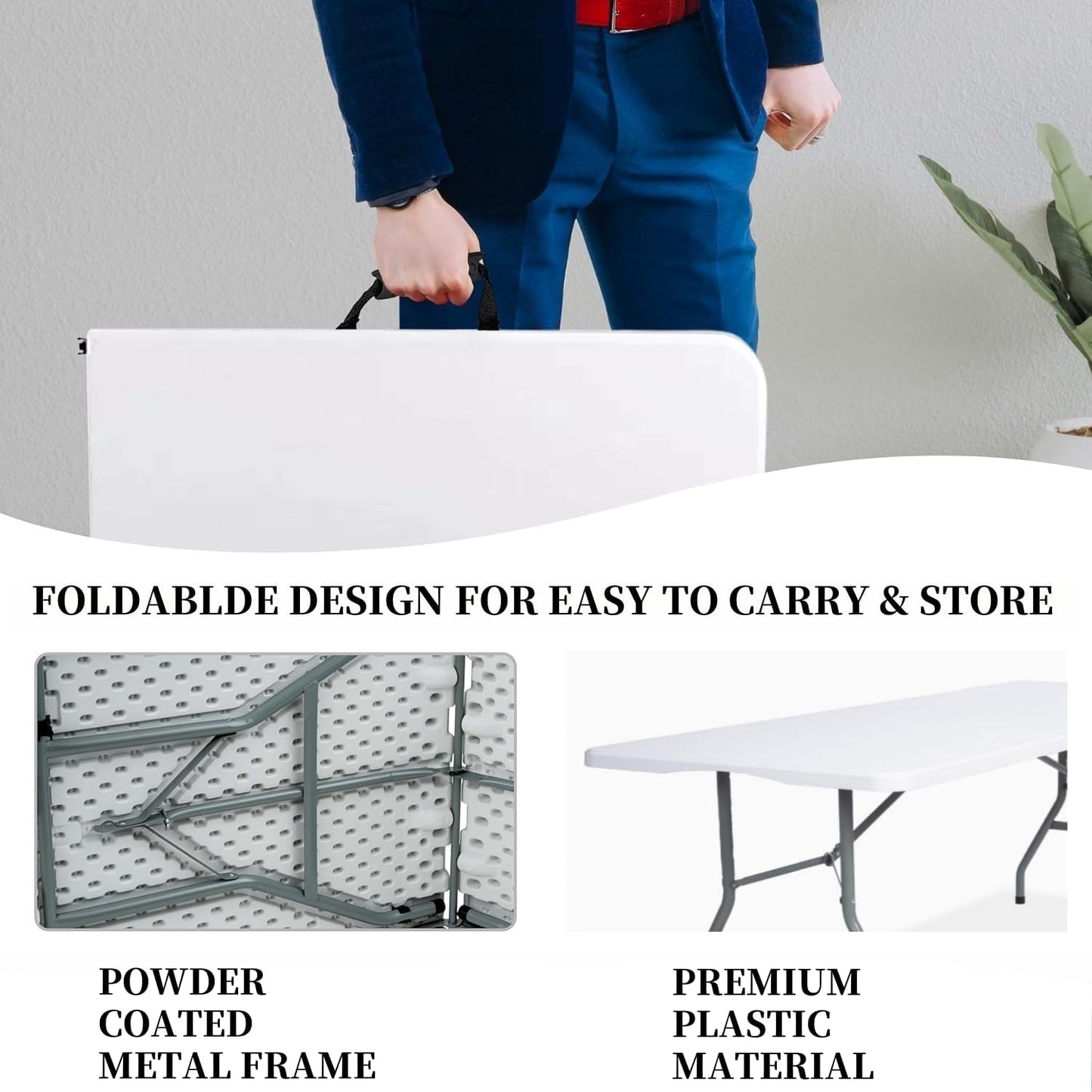 Folding Table 6ft Portable Heavy Duty Plastic Fold-in-Half Utility Foldable Table Plastic Dining Indoor Outdoor for Camping, Picnic and Party, White