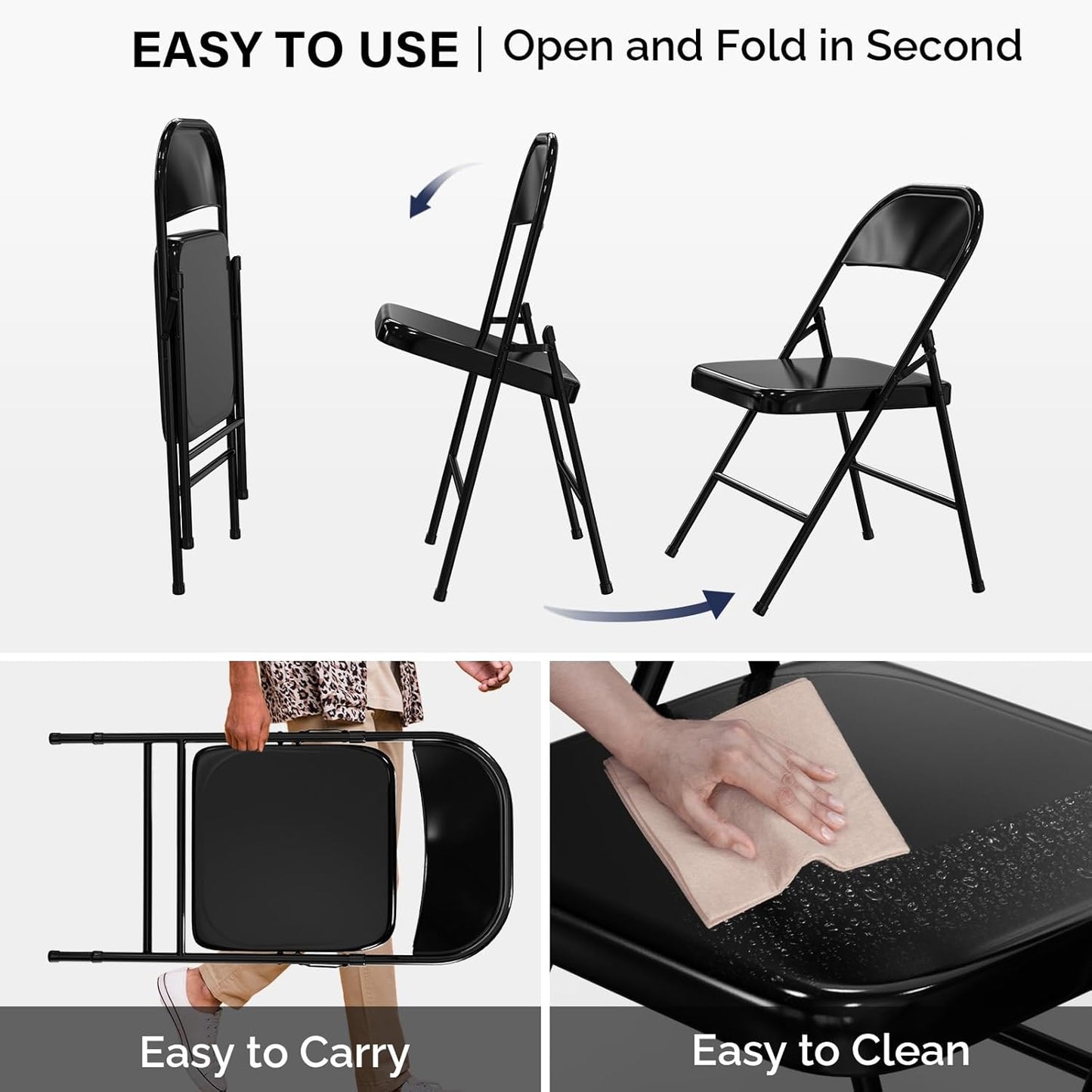 Folding Chairs All Steel Metal Frame, Capacity 51 lbs, Durable Portable and Versatile for Indoor Outdoor Use, Black, Set of 6