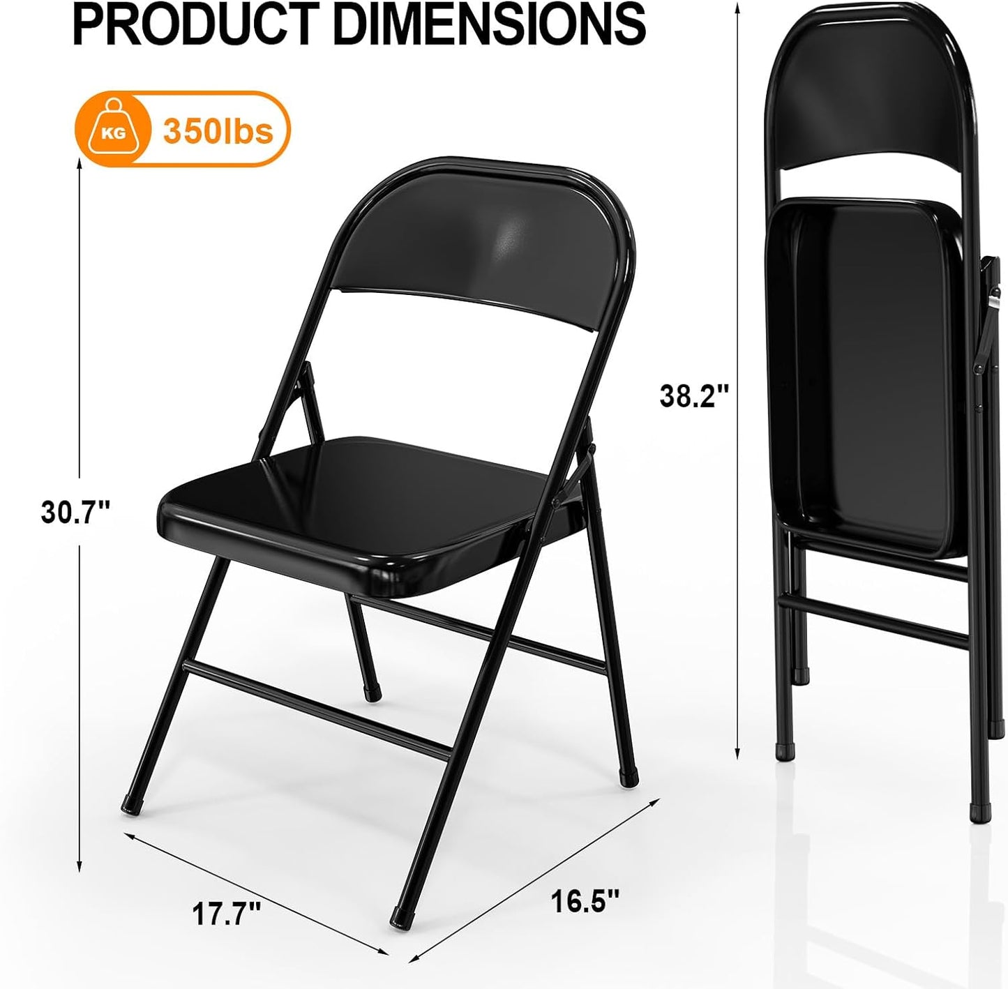 Folding Chairs All Steel Metal Frame, Capacity 51 lbs, Durable Portable and Versatile for Indoor Outdoor Use, Black, Set of 6